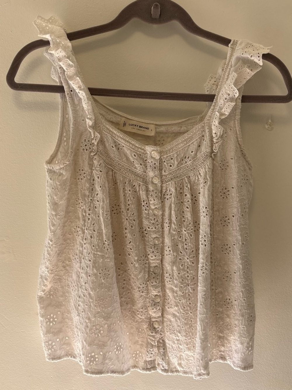 Lucky Brand White Eyelet Button-Front Ruffle Strap Camisole